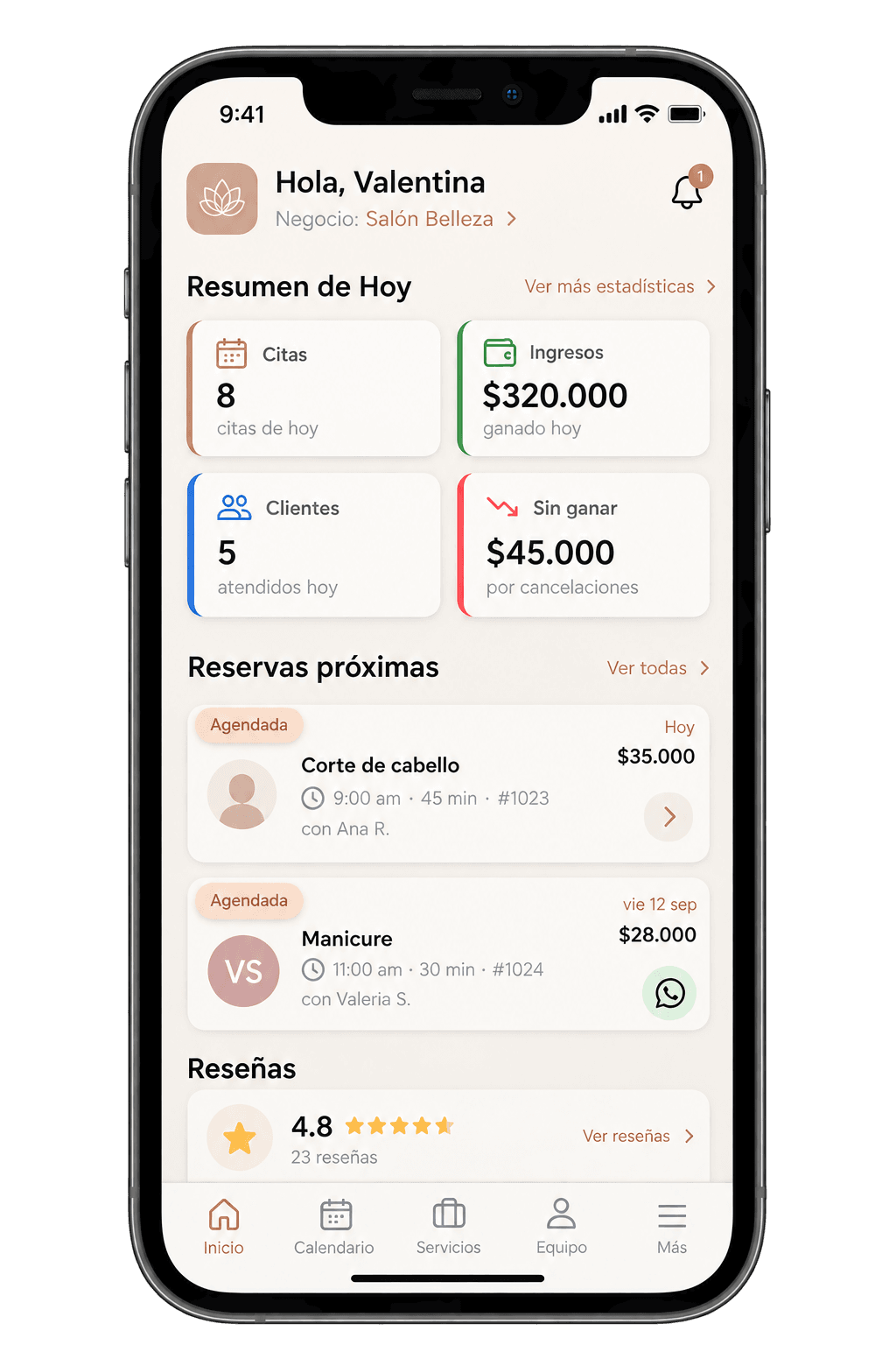 App de Timora mostrando la agenda de reservas de un negocio